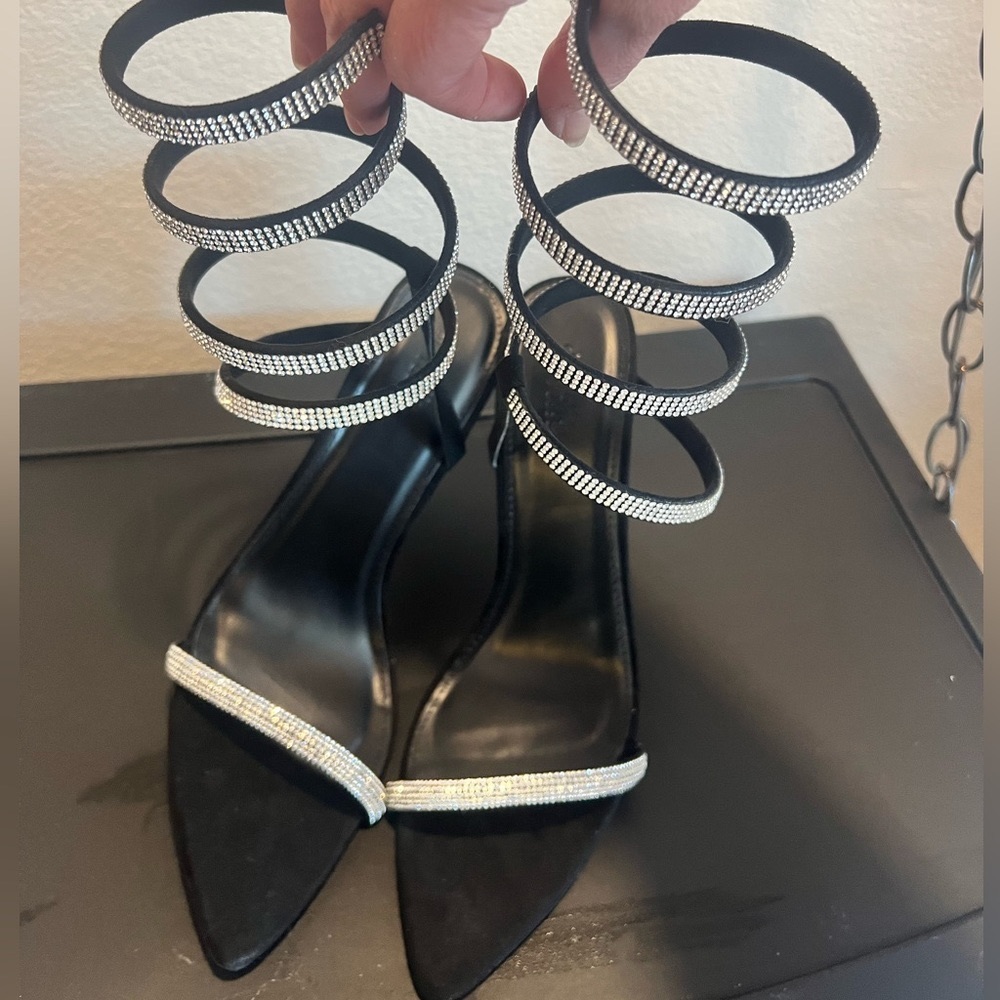 Black pointy toe stiletto high heels with rhinestones. Size 10
